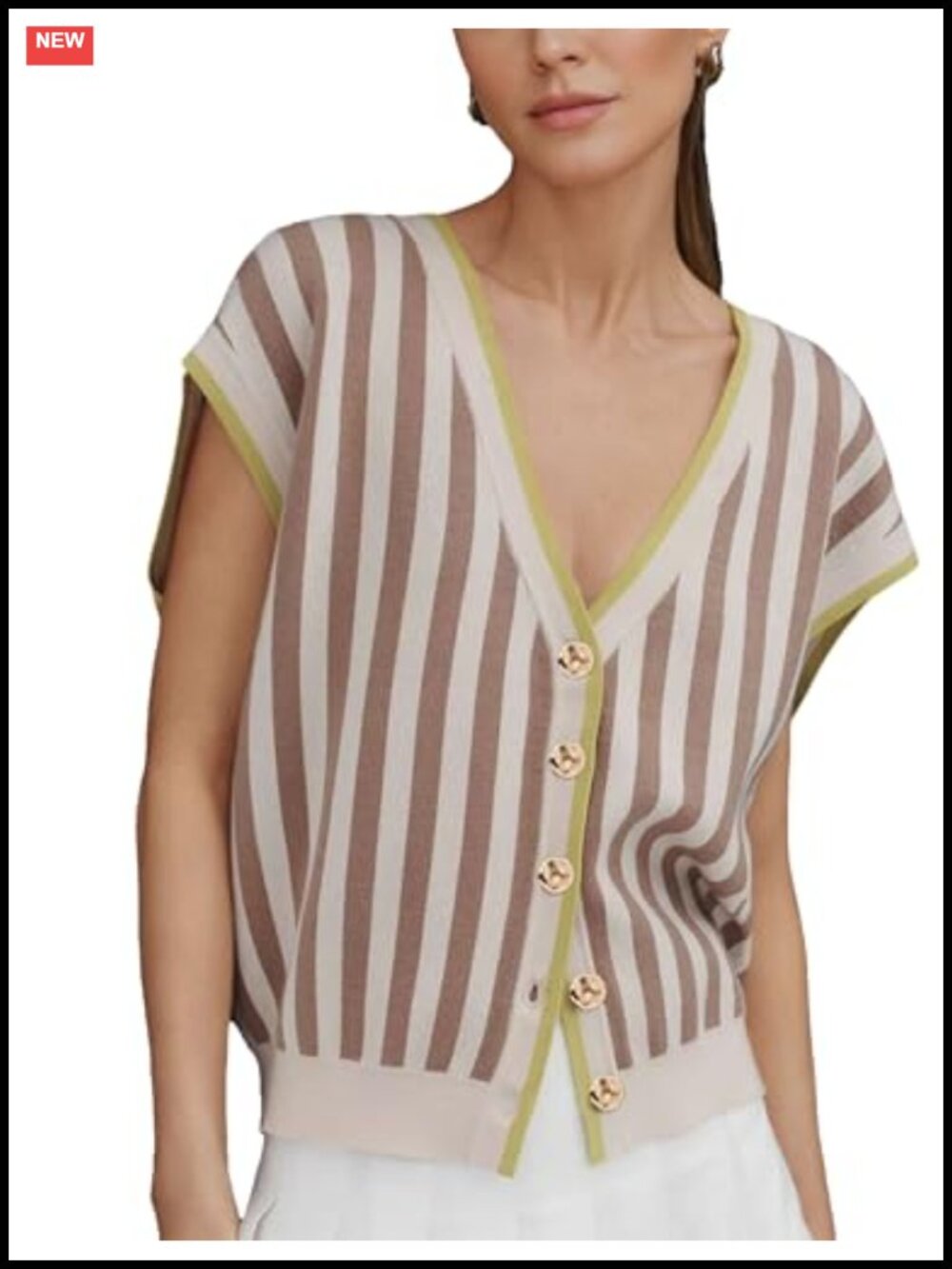 Womens Striped Knit Cardigan Sweater Vest Golden Button V Neck Cap Sleeve
